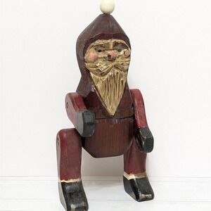 Hand Carved Painted Wood Articulated Limbs Santa Shelf Sitter Vtg Large Heavy